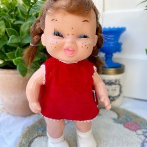 Vintage Holiday Fair Doll 1965 Hong Kong Smiley Eye Lashes Red Dress Shoes